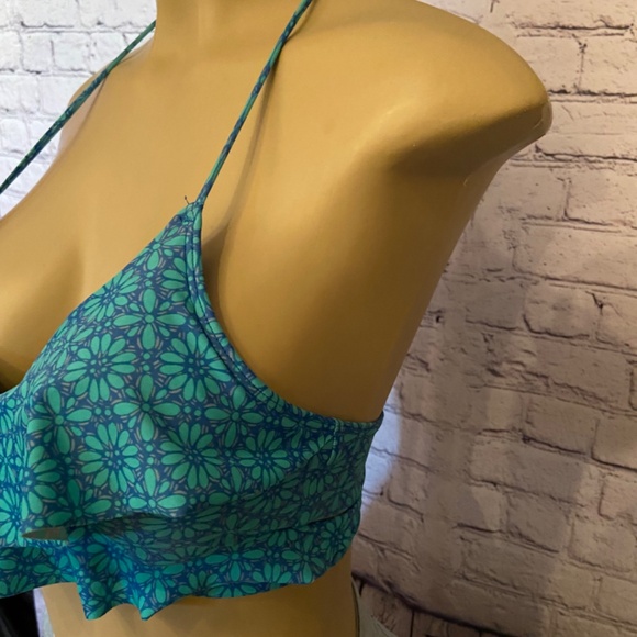 Aerie Ruffle Bikini Wrap Top, Aqua Floral, Size Medium - Picture 3 of 5